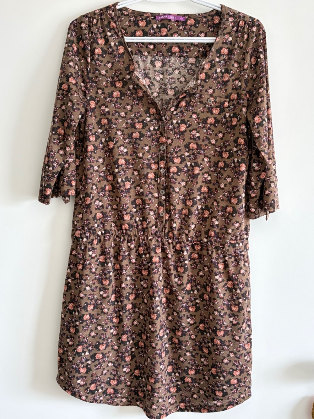 EUC Smart Set Vintage Floral V-Neck Shirt Dress 3/4-Length Sleeves Size Medium